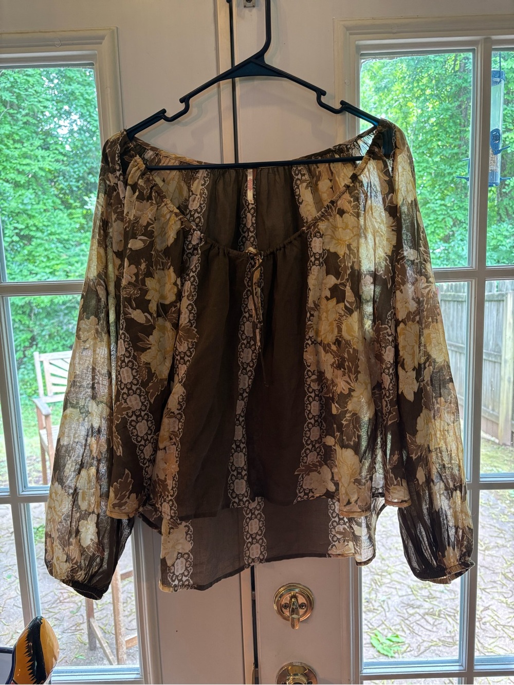 Free People Brown & Cream Floral Sheer Peasant Top